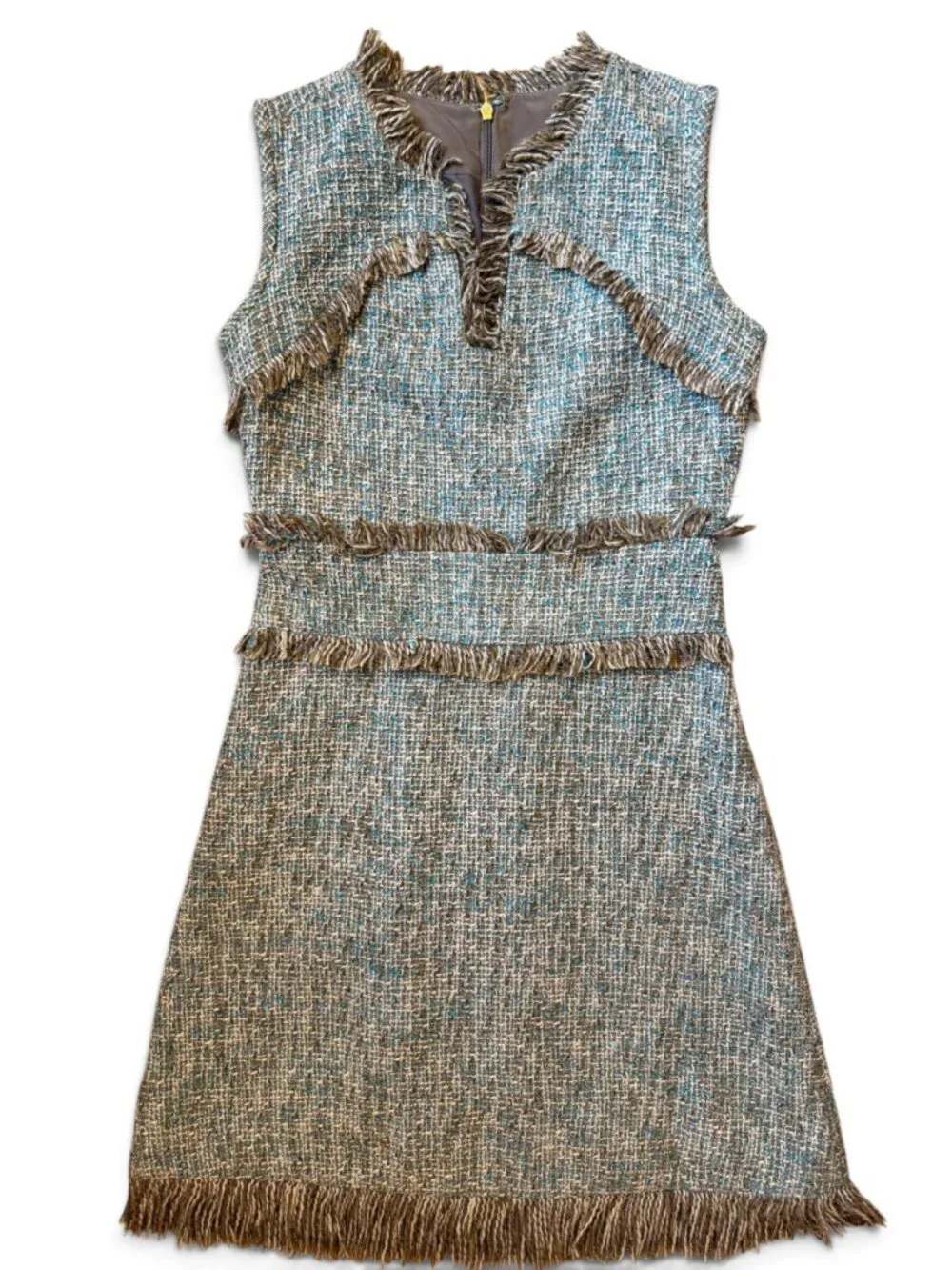 Tory Burch Curtis Tweed Fringe Dress Size 2 Blue Brown Bouclé